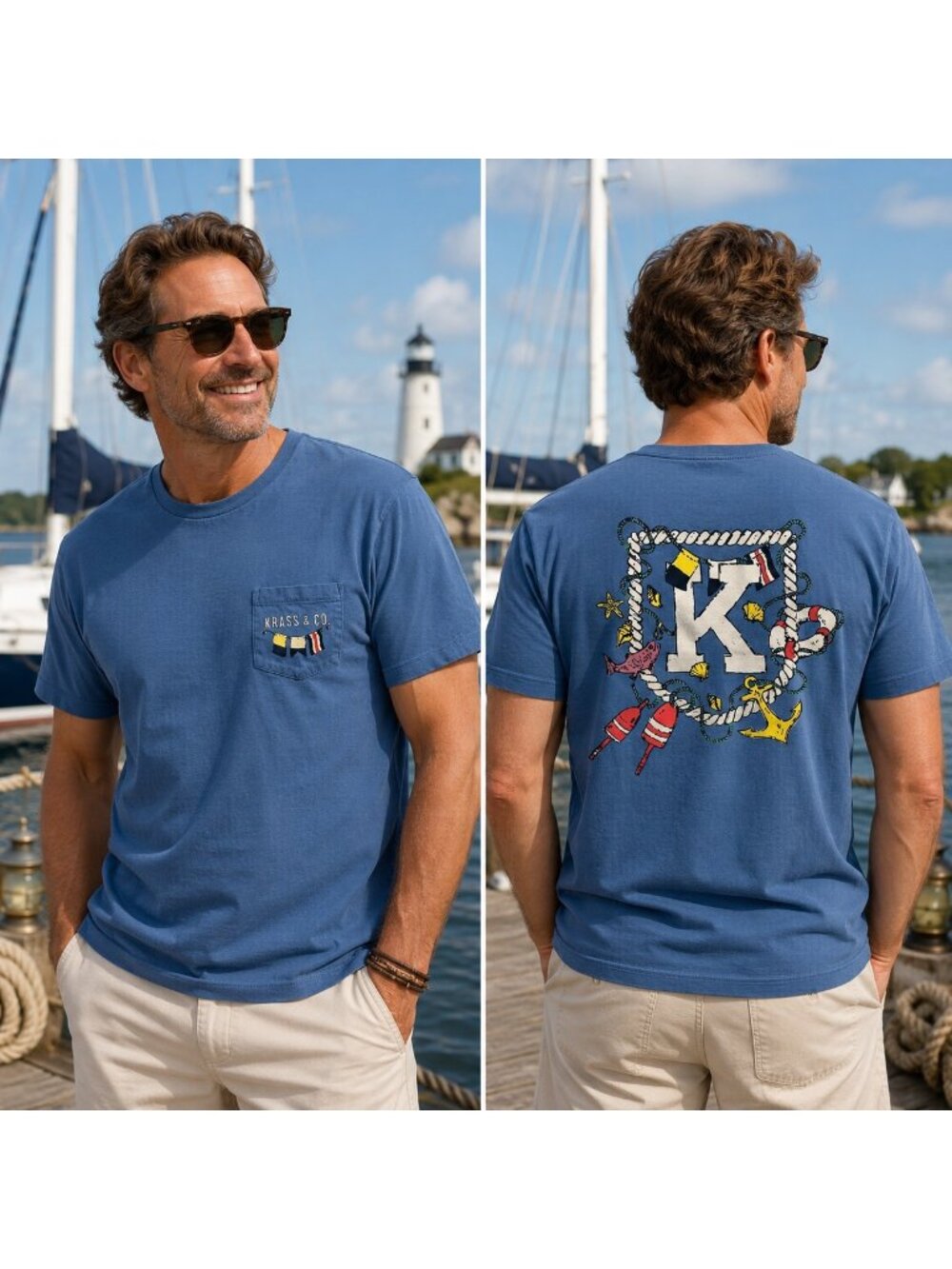Krass & Co Nautical Beach Boat Lake Letter K LOGO Pocket T-shirt SZ XL Pale Blue - Picture 1 of 9